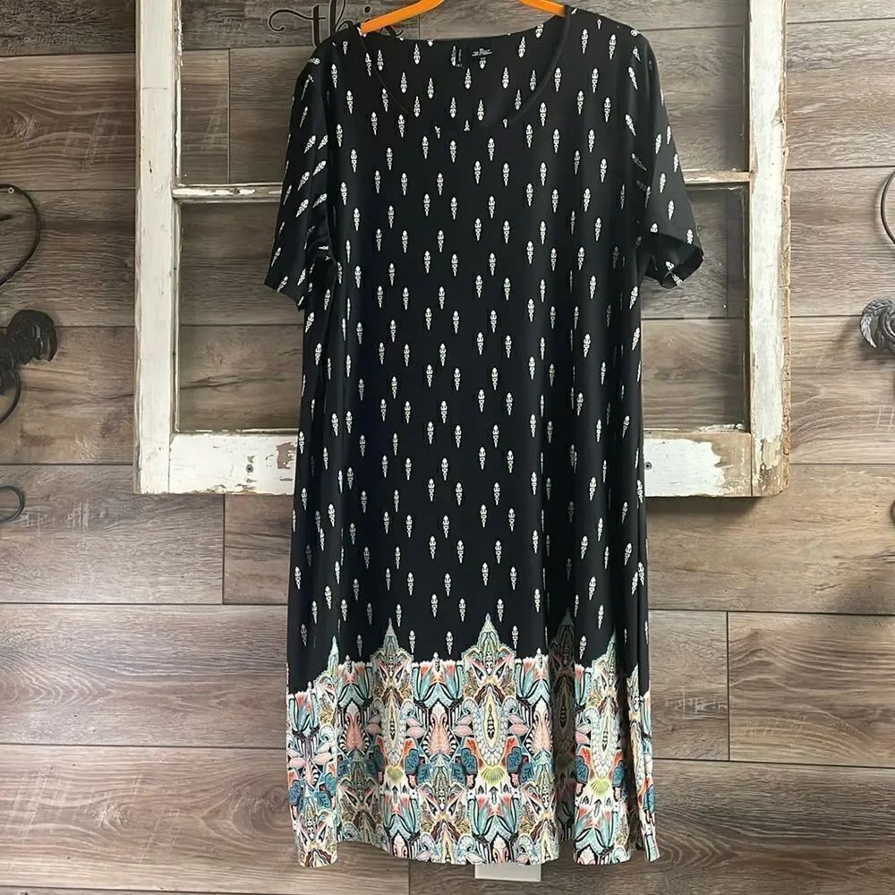 New Directions Ladies XL Floral Shift Dress, Black Teal, Pink Multicolor